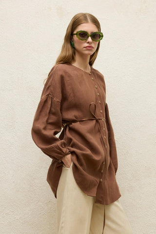 Linen Balloon Sleeve Shirt Brown