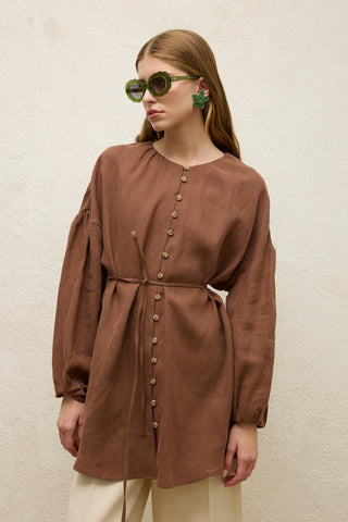 Linen Balloon Sleeve Shirt Brown