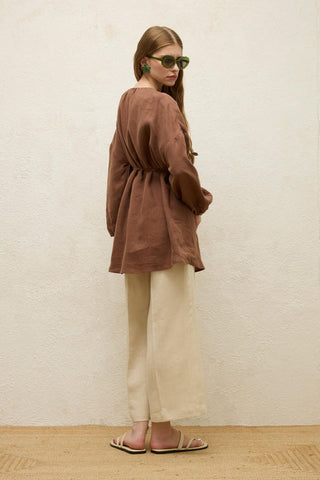 Linen Balloon Sleeve Shirt Brown