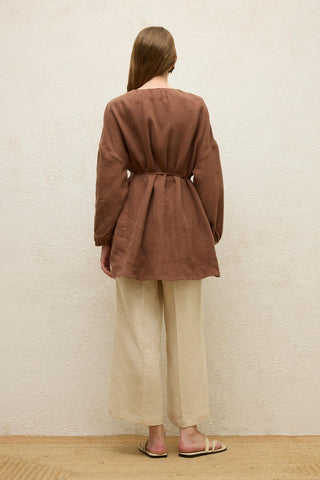 Linen Balloon Sleeve Shirt Brown