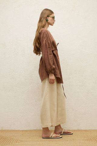 Linen Balloon Sleeve Shirt Brown