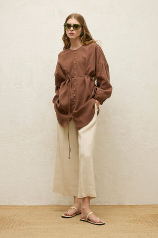 Linen Balloon Sleeve Shirt Brown