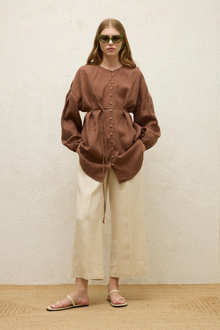 Linen Balloon Sleeve Shirt Brown