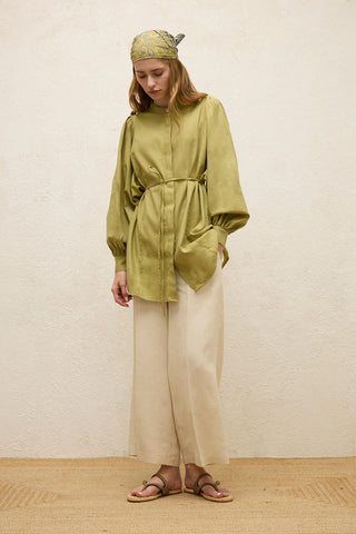 Belted Linen-Blend Tunic Green