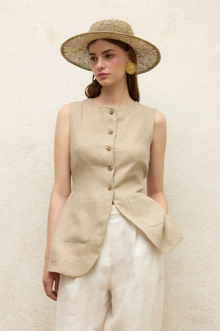 Linen Buttoned Vest Sand