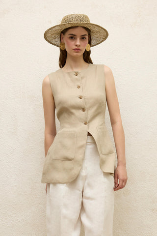 Linen Buttoned Vest Sand