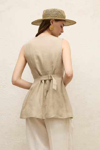 Linen Buttoned Vest Sand