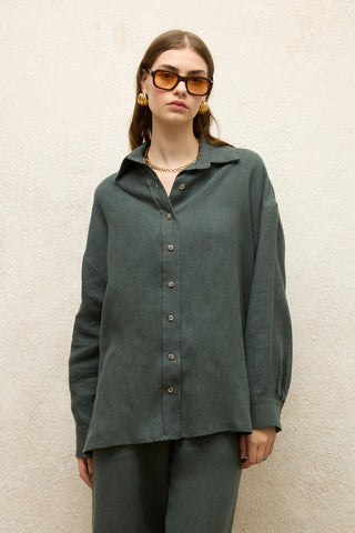 Linen Oversize Buttoned Shirt Green