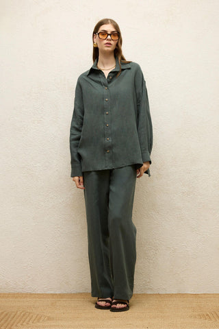 Linen Oversize Buttoned Shirt Green