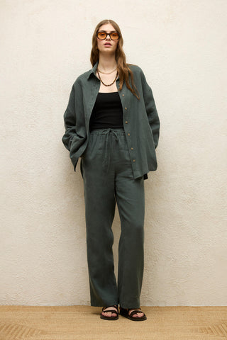 Linen Oversize Buttoned Shirt Green