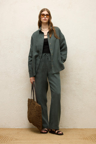 Linen Oversize Buttoned Shirt Green