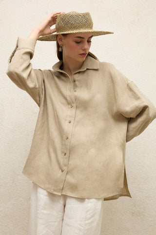 Linen Oversize Buttoned Shirt Sand