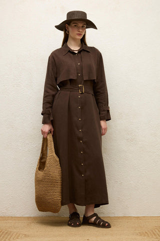 Linen Trench Style Dress Dark Brown