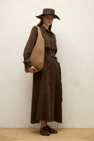 Linen Trench Style Dress Dark Brown