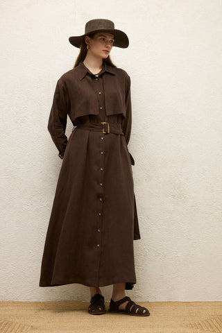 Linen Trench Style Dress Dark Brown