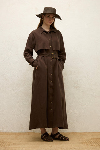 Linen Trench Style Dress Dark Brown