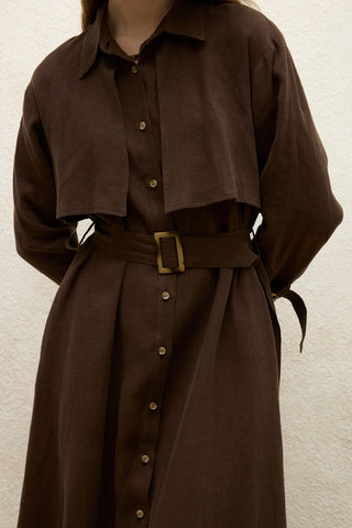 Linen Trench Style Dress Dark Brown