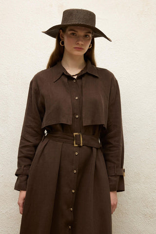 Linen Trench Style Dress Dark Brown