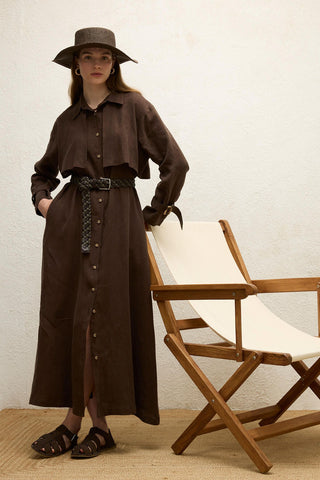 Linen Trench Style Dress Dark Brown