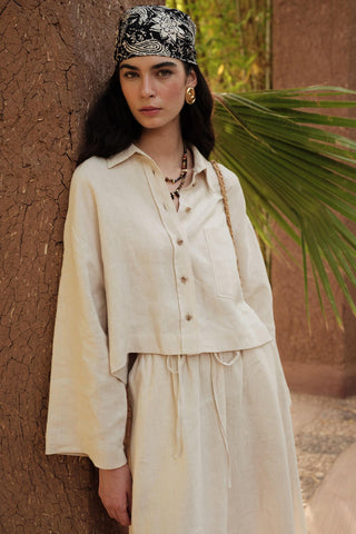 Long Sleeve Linen Crop Shirt Beige