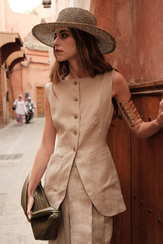 Linen Buttoned Vest Sand