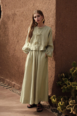 Loose Fit Linen Skirt Sage Green
