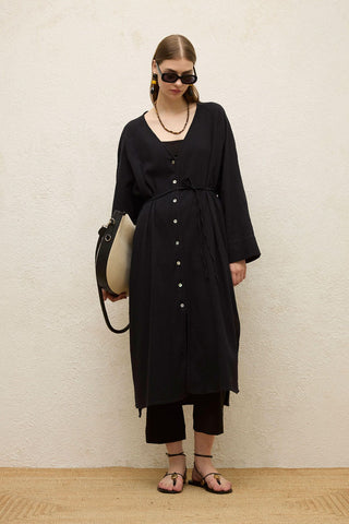 Cotton Tie-Waist Long Tunic Black