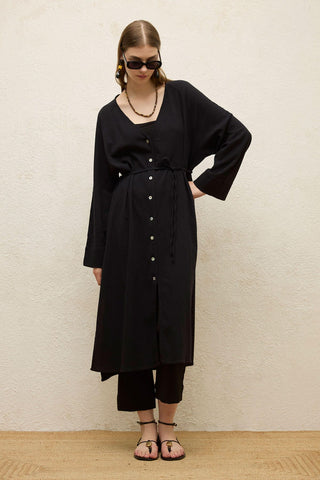 Cotton Tie-Waist Long Tunic Black