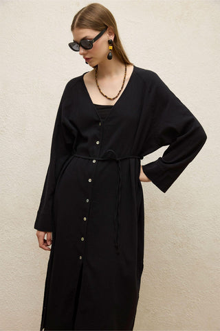 Cotton Tie-Waist Long Tunic Black