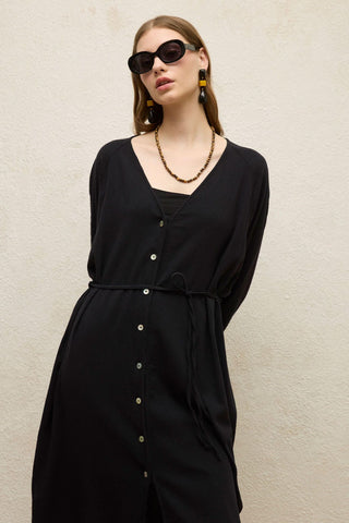 Cotton Tie-Waist Long Tunic Black