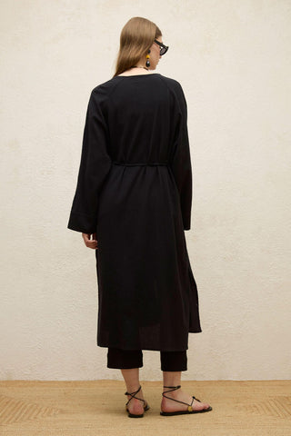 Cotton Tie-Waist Long Tunic Black