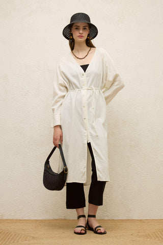 Cotton Tie-Waist Long Tunic Ecru