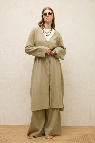 Cotton Tie-Waist Long Tunic Pistachio