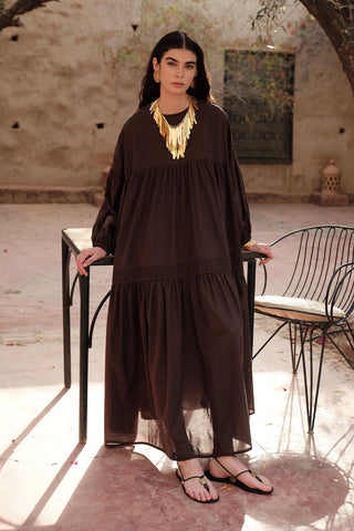 Gathered Oversized Voile Dress Brown