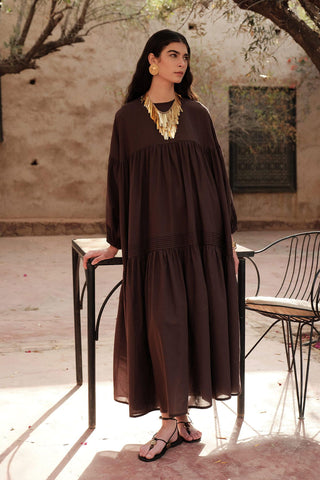 Gathered Oversized Voile Dress Brown