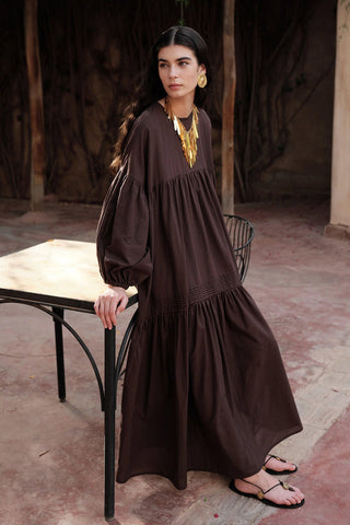 Gathered Oversized Voile Dress Brown