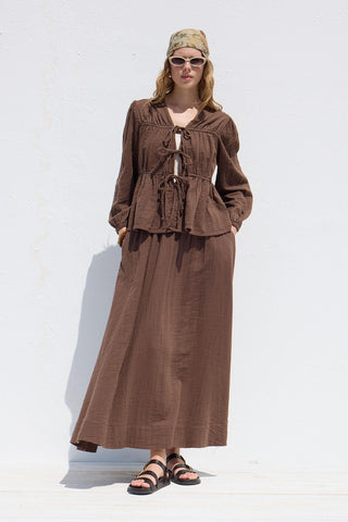 Wide Cut Muslin Skirt Brown