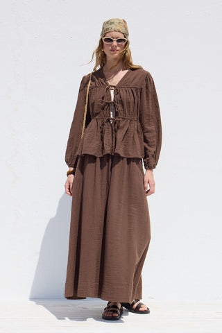 Wide Cut Muslin Skirt Brown