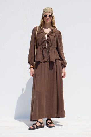 Wide Cut Muslin Skirt Brown