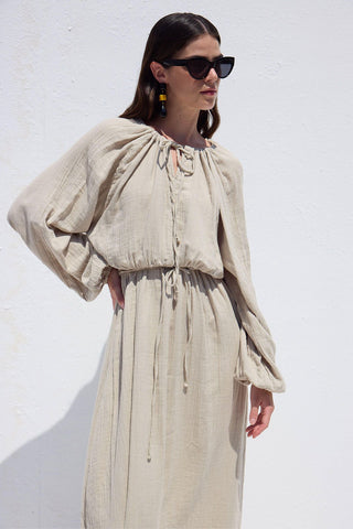 Tie Detail Muslin Dress Sand