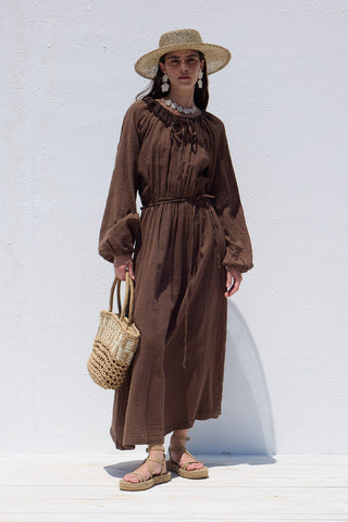 Tie Detail Muslin Dress Brown
