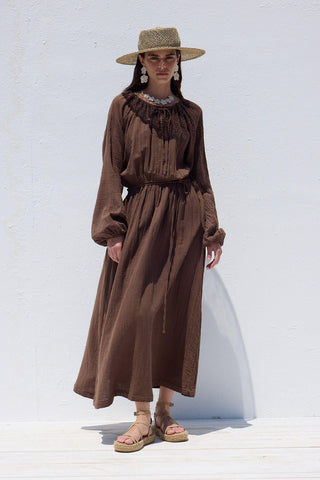 Tie Detail Muslin Dress Brown