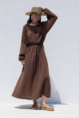 Tie Detail Muslin Dress Brown