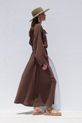 Tie Detail Muslin Dress Brown