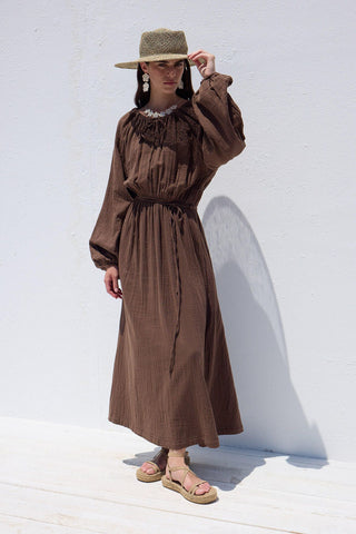 Tie Detail Muslin Dress Brown