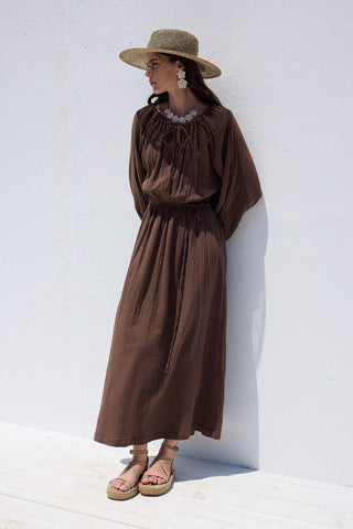 Tie Detail Muslin Dress Brown