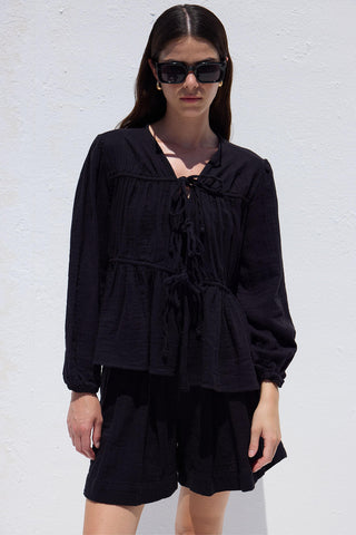 Bağcıklı Muslin Bluz Siyah