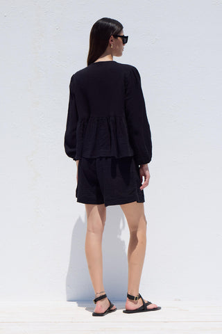 Bağcıklı Muslin Bluz Siyah