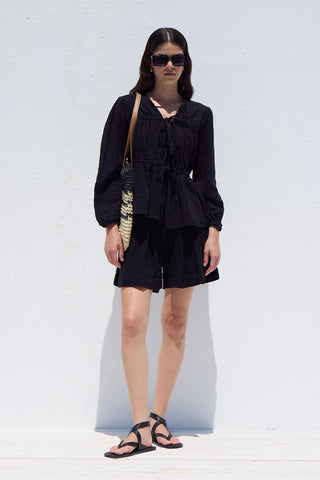 Bağcıklı Muslin Bluz Siyah