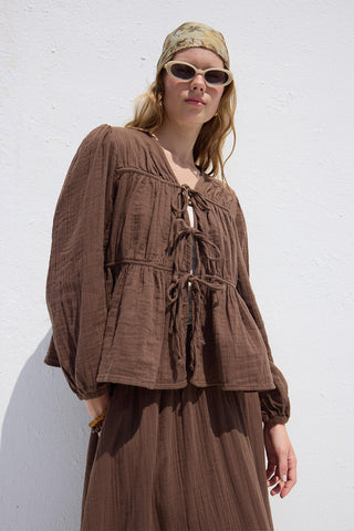 Bağcıklı Muslin Bluz Kahverengi